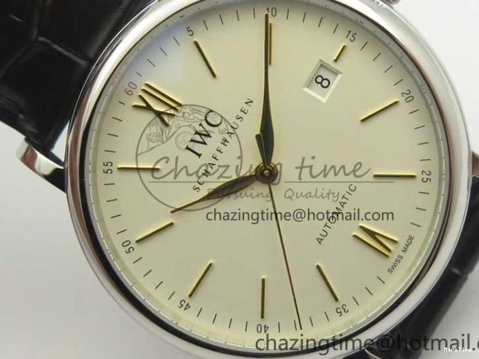 MIROTIME 0523 Affordable Portofino IW356501 SS V3 MK 1:1 Best Edition White Dial Gold Markers On Black Leather Strap MIYOTA 7196